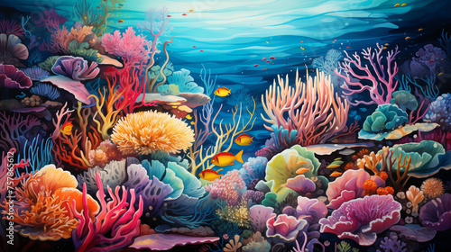 A watercolor painting depicts a rich and vibrant underwater scene teeming with diverse coral reef life. © NaphakStudio