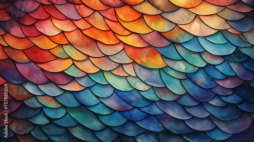 A watercolor illustration features a fish scale-like pattern with a beautiful gradient from purple to blue hues.