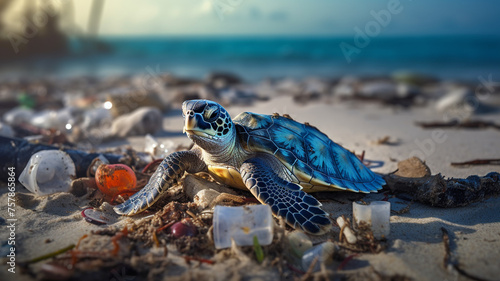 Baby sea turtles crawl along trash-strewn beaches.