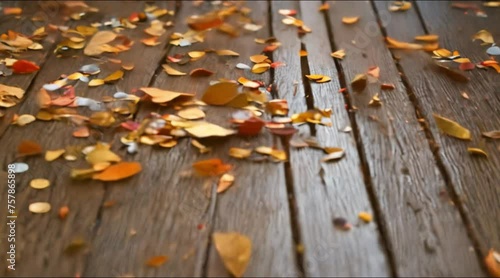 Close up view of wooden floor full of confetti
 photo