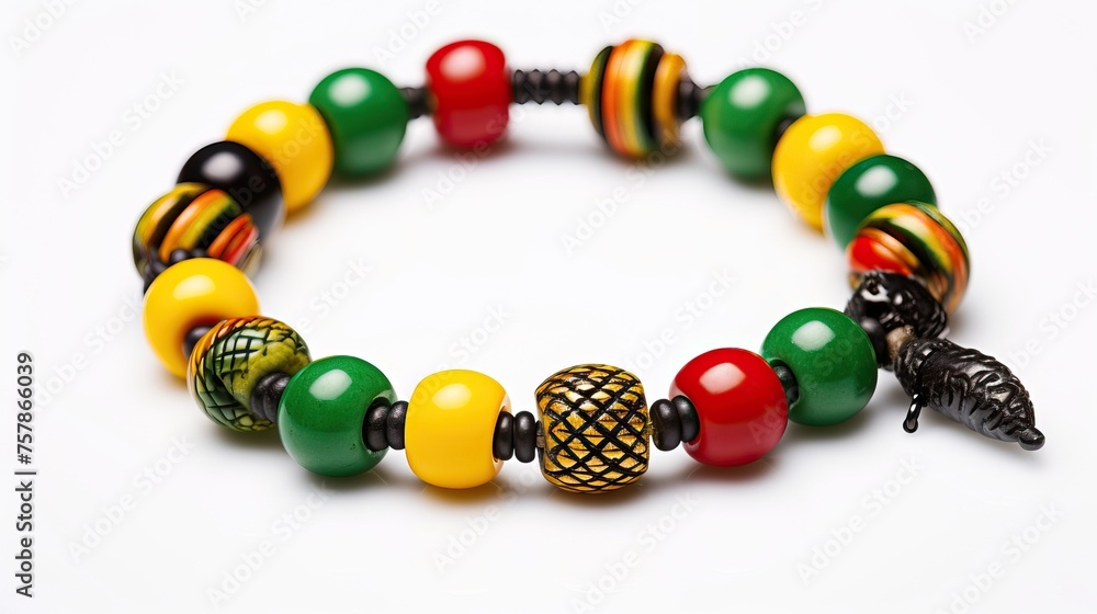 A Jamaican or African Rasta Charm bracelet with selective focus on an isolated White background.
A Jamaican or African Rasta Charm bracelet with selective focus on an isolated White background.