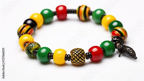 A Jamaican or African Rasta Charm bracelet with selective focus on an isolated White background.