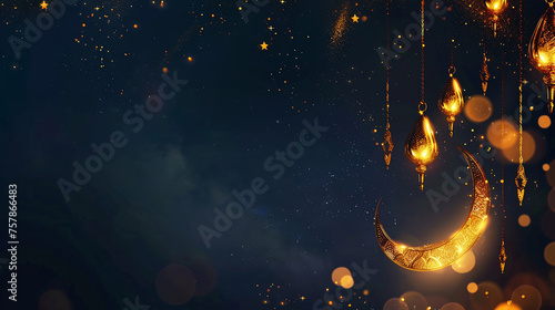 Luxurious Ramadan Kareem background featuring gold moon and Islamic elements, Mubarak template for greeting card, invitations, congratulation email letter, sale celebration banner, dark deep navy blue photo