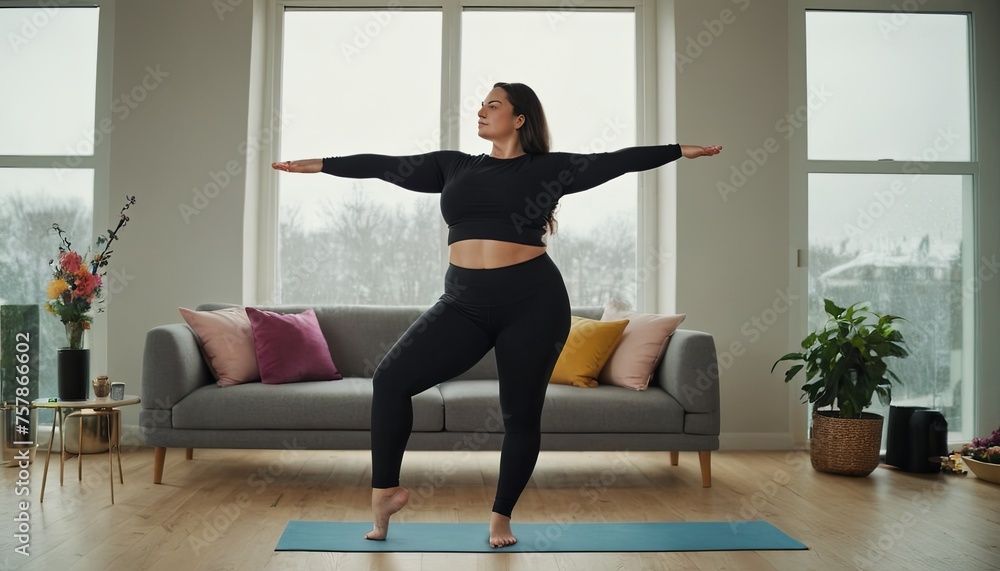 Large woman, yoga practice near sofa, leggings and top attire. Bright room, large window, floor-standing flower.