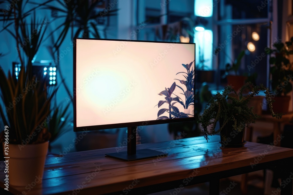 white screen desktop computer in minimal office room with decorations and copy space. ai generated white screen desktop computer in minimal office room with decorations and copy space. ai generated