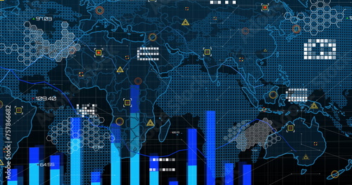 Image of graphs over world map and icons in navy digital space