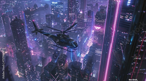 16K, A future cityscape seen from a helicopter perspective. A military helicopter of the near future 
