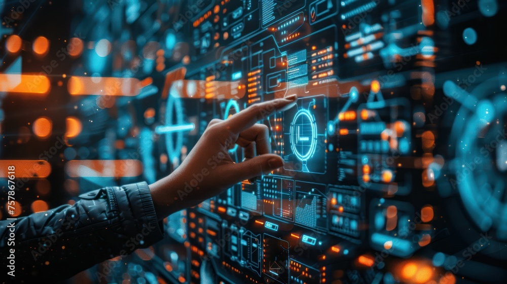 A hand interacts with a complex, glowing touchscreen interface full of data analytics and futuristic technology, emphasizing digital advancement. A hand interacts with a complex, glowing touchscreen interface full of data analytics and futuristic technology, emphasizing digital advancement.