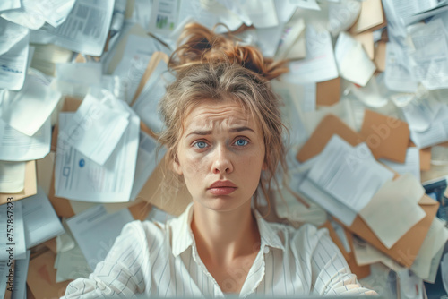 Overwhelmed by Paperwork. A young woman with a messy bun looks up anxiously, surrounded by a chaotic heap of papers and folders, symbolizing extreme stress or workload.