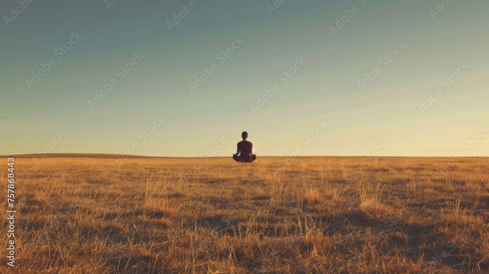 A lone figure meditating in a vast, empty field, embodying the concept of mindfulness and inner peace - obrazy, fototapety, plakaty 