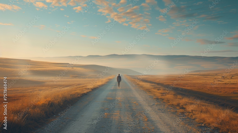 A lone figure walking along an empty road surrounded by vast, open space, capturing the essence of freedom and exploration