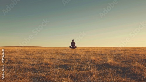 A lone figure meditating in a vast, empty field, embodying the concept of mindfulness and inner peace