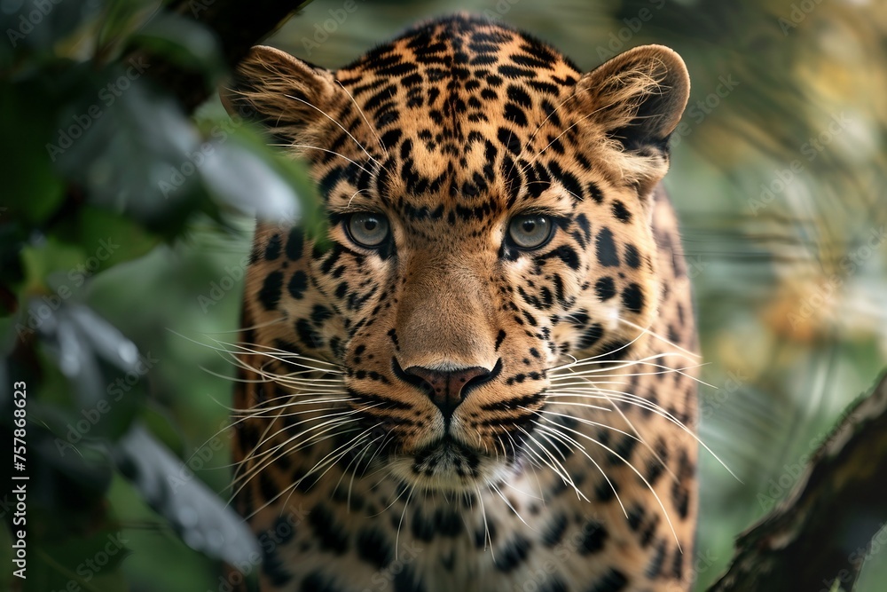 Close up of a Amur leopard in the forest facing camera