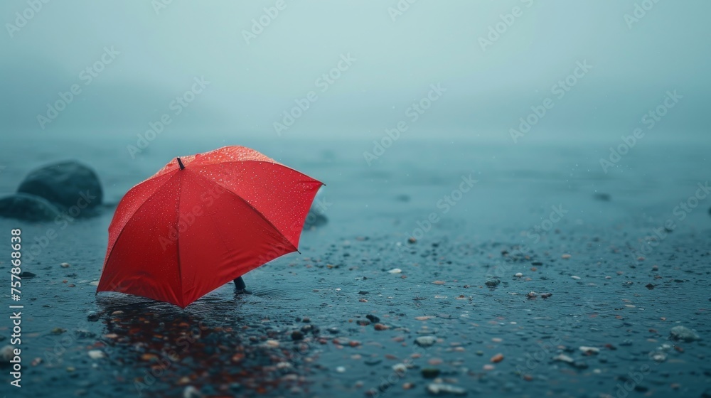 A single red umbrella amidst a sea of muted tones, symbolizing resilience and contrast