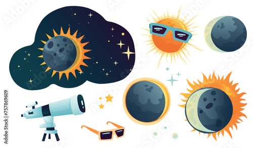 Set of space and solar eclipse.