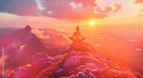 A tranquil yoga session on a mountaintop, with a yogi performing sun salutations as the sun rises over the horizon. photo