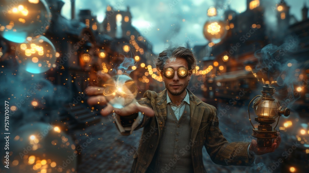 Obraz premium A mysterious time traveler extends his hand, unleashing magical clockwork and glowing orbs into the air of an old city