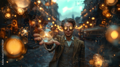  A mysterious time traveler extends his hand, unleashing magical clockwork and glowing orbs into the air of an old city street at dusk.