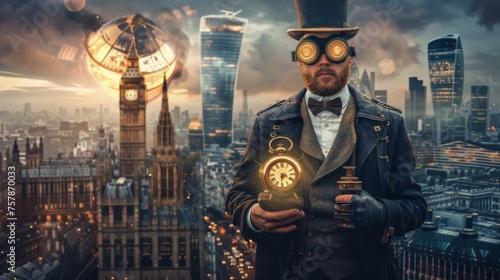 time Traveler man in Victorian steampunk gear, against a backdrop of historic and futuristic architecture.