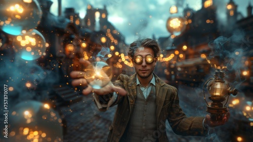  A mysterious time traveler extends his hand, unleashing magical clockwork and glowing orbs into the air of an old city