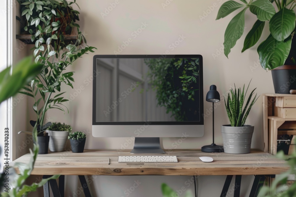 white screen desktop computer in minimal office room with decorations and copy space. ai generated white screen desktop computer in minimal office room with decorations and copy space. ai generated