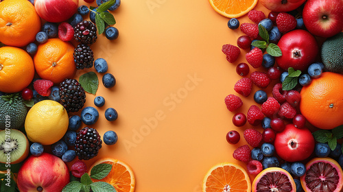 Top view of tropical sliced colorful fruits on yellow background. Healthy eating. Summer sale banner