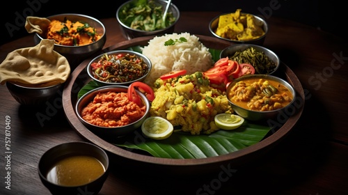 Bowl of variety of traditional vegan Sri Lankan food with different curries  papadum  rice  sambol  dal and vegetables  Ella  Sri Lanka.   