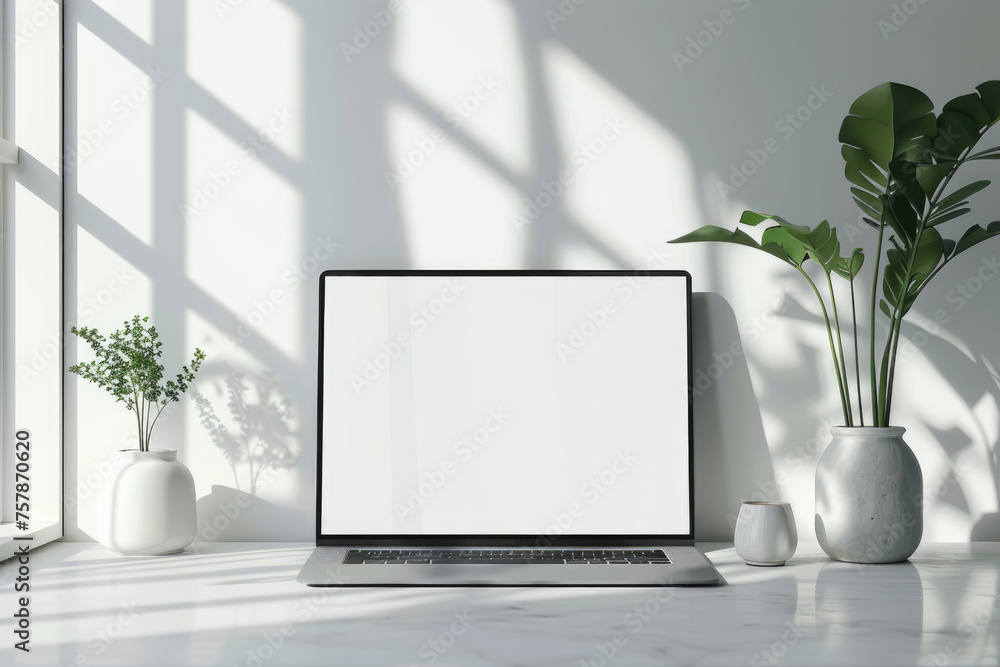 white screen desktop computer in minimal office room with decorations and copy space. ai generated white screen desktop computer in minimal office room with decorations and copy space. ai generated