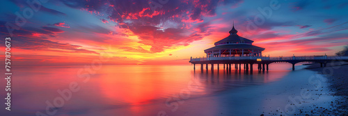  Eastbourne Bandstand and Pier at dawn Eastbourne, Amazing sunset panorama at Maldives. Luxury resort villas seascape with soft led lights under colorful sky