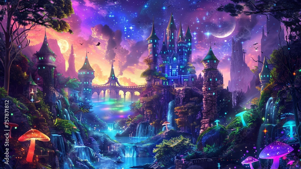 Fantasy Castle by the Waterfall: A Magical Nighttime Scene Generative AI - obrazy, fototapety, plakaty 