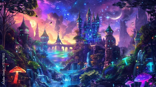 Fantasy Castle by the Waterfall: A Magical Nighttime Scene Generative AI