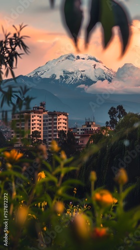 Sunset over Orosi Volcano: A Lush View from an Urban Park with Snowcapped Peaks Amidst Verdant Greenery photo