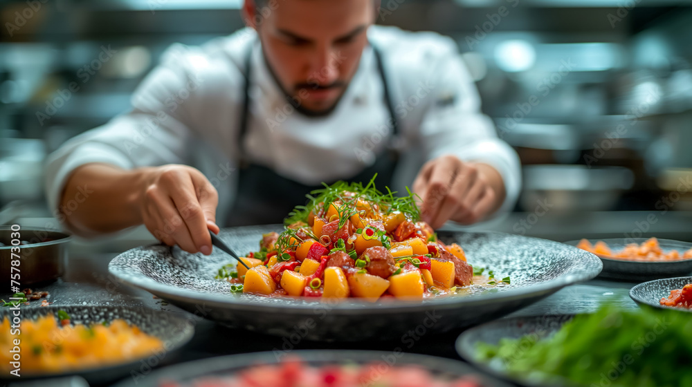 Chef meticulously garnishing a vibrant gourmet poke bowl Chef meticulously garnishing a vibrant gourmet poke bowl
