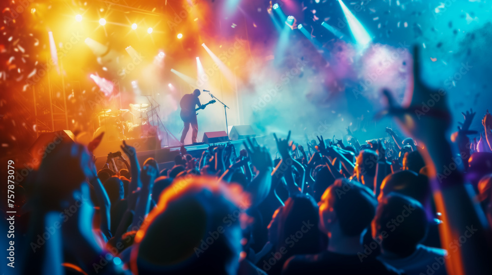 Dynamic rock concert with vibrant stage lighting and energetic audience