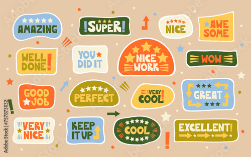 Good job, nice work, super, well-done sticker set. Positive, inspirational, and praising lettering words and phrases to celebrate the school, educational, student, and work results and success. Vector