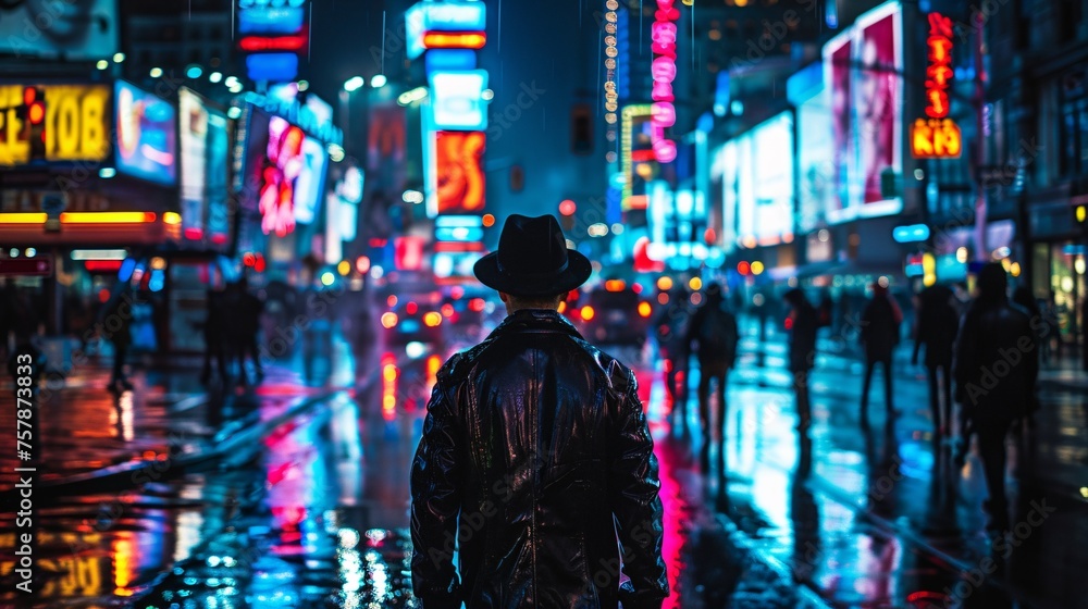 Fototapeta premium NYC Nightlife A Rainy Night on Broadway Generative AI