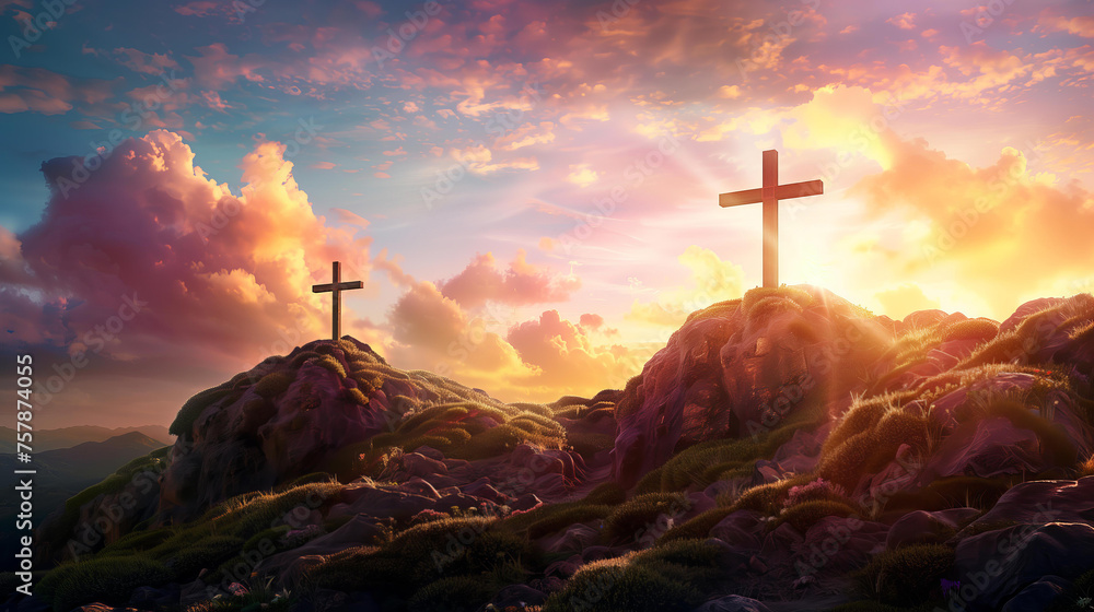 © ALL YOU NEED studio - cross on a hill with a sunset, easter background with copy space for text