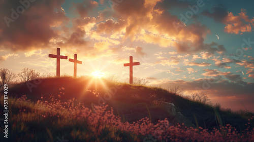 cross on a hill with a sunset, easter background with copy space for text