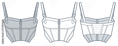 Corset Top technical fashion Illustration. Zipped Crop Top fashion flat technical drawing template, buckle strap, elastic detail back, slim fit, front and back view, white, grey, women CAD mockup set.