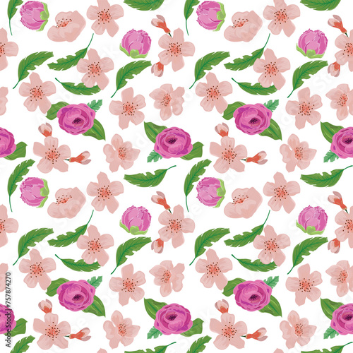 Floral Seamless Pattern with Flower heads and leaves