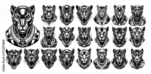 Set of modern mechanical cyborg puma head illustration design