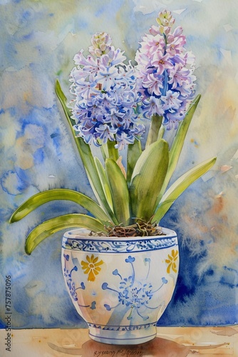 Wallpaper Mural Blooming Beauty: A Vibrant Flower Arrangement in a Blue and Yellow Vase Generative AI Torontodigital.ca