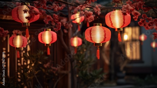 Bright festive lanterns strung up close up