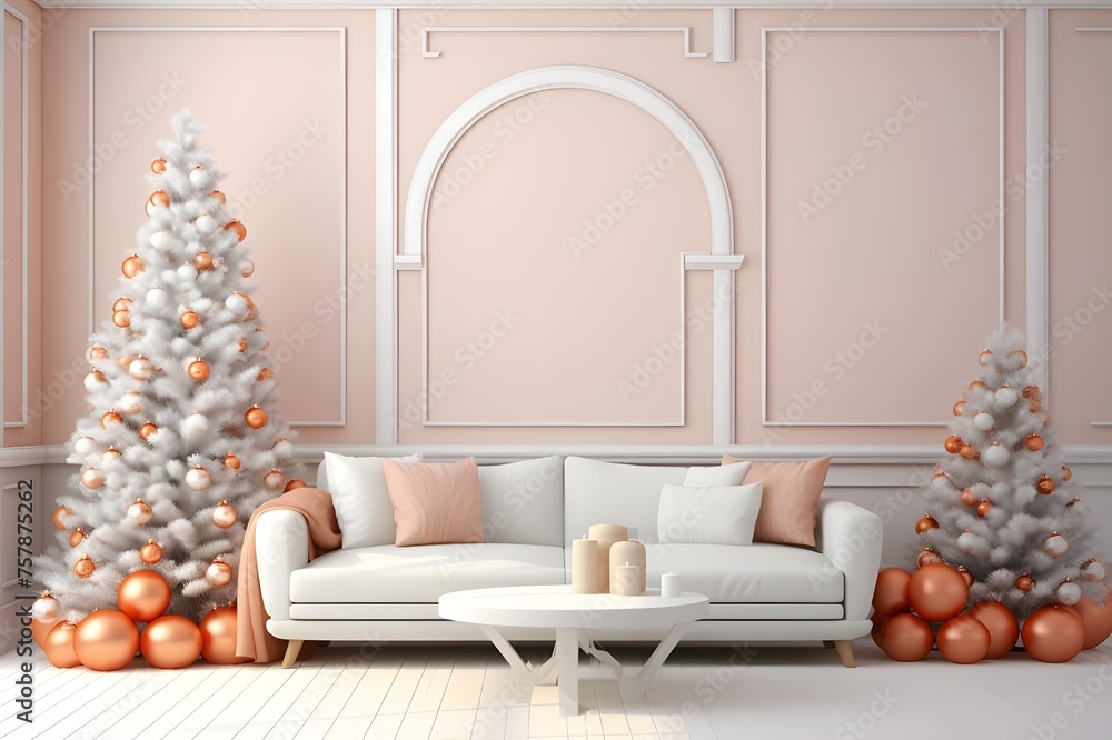 Christmas decoration in living room with sofa and christmas tree