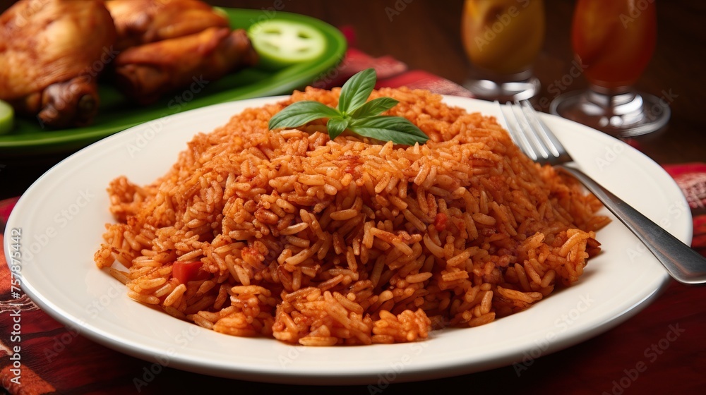 Gambian Jollof rice benachin with chicken and flag besides the plate.
Gambian Jollof rice benachin with chicken and flag besides the plate.