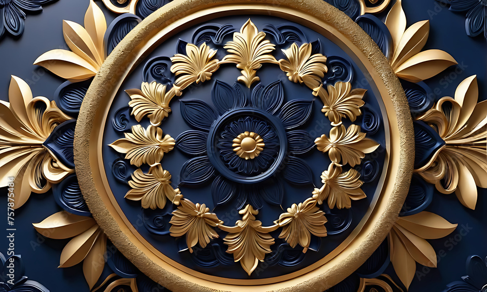 background, model of ceiling decoration with 3d wallpaper. decorative frame on a luxurious background of blue gold marble and mandala background, model of ceiling decoration with 3d wallpaper. decorative frame on a luxurious background of blue gold marble and mandala