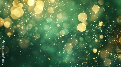 Abstract blur bokeh banner background. Gold bokeh on defocused emerald green background