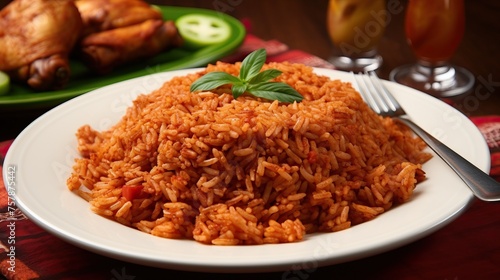 Gambian Jollof rice benachin with chicken and flag besides the plate.