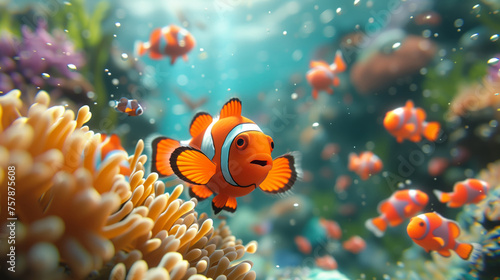 Clownfish swimming among coral in sea