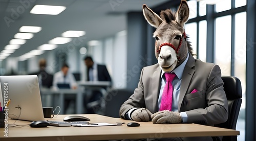 A boss in a company, a donkey dressed as a businessman in an office at work. A humorous joke, a caricature. ridiculous generative AI. photo